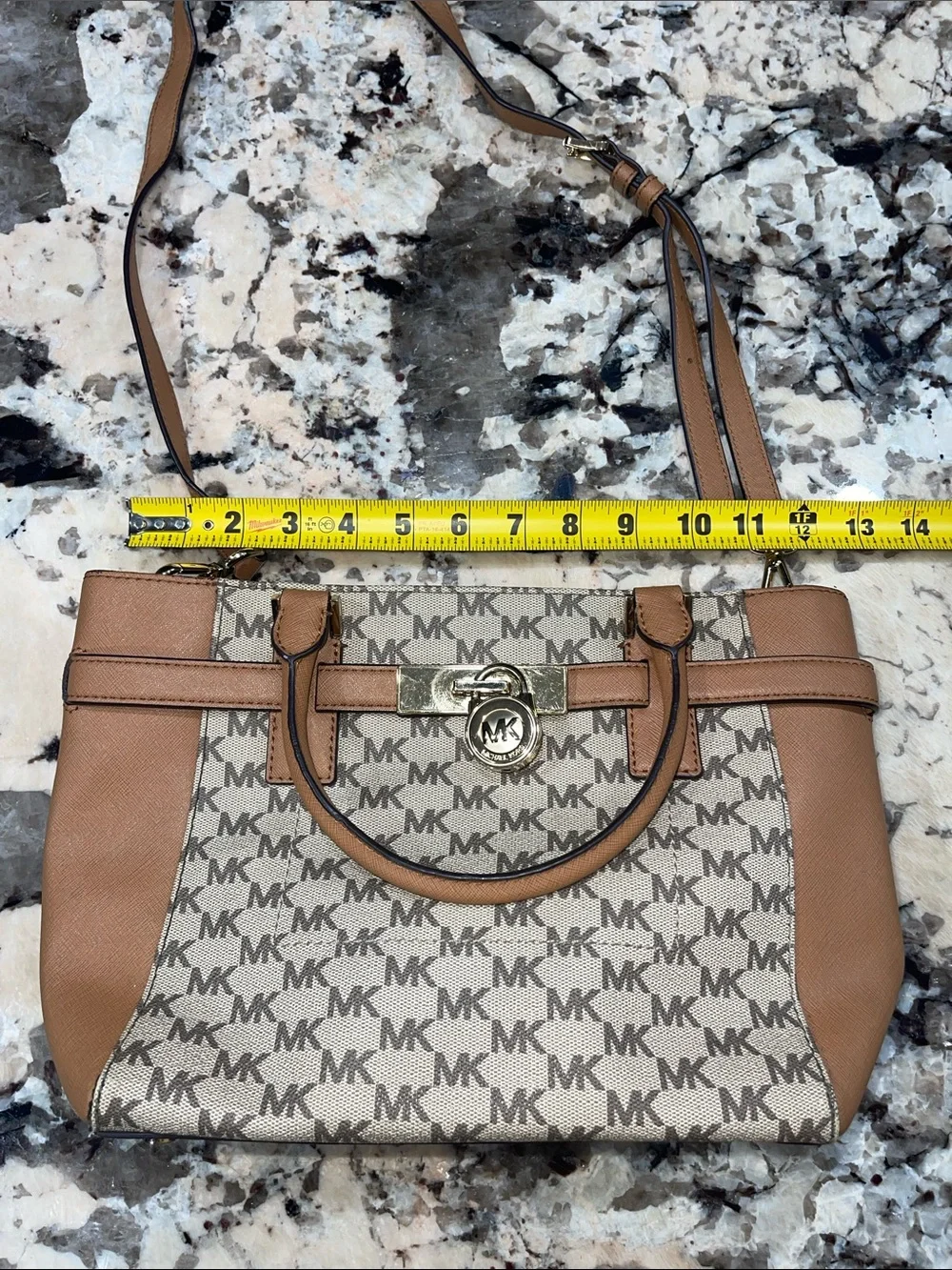 Michael Kors Beige MK Logo Satchel with Tan Trim and Gold Hardware